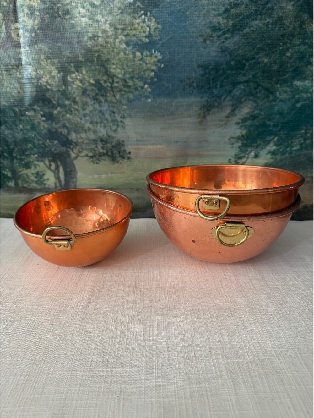 Set of 4 Copper Bowls with Brass Ring Handles